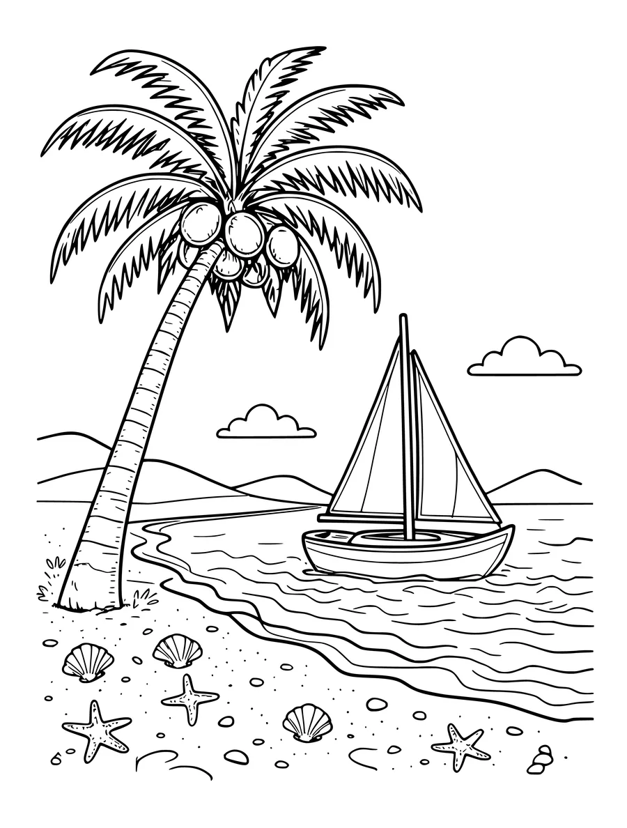 Black and white line art colouring page of beach scene with a palm tree and a sailboat, medium detail