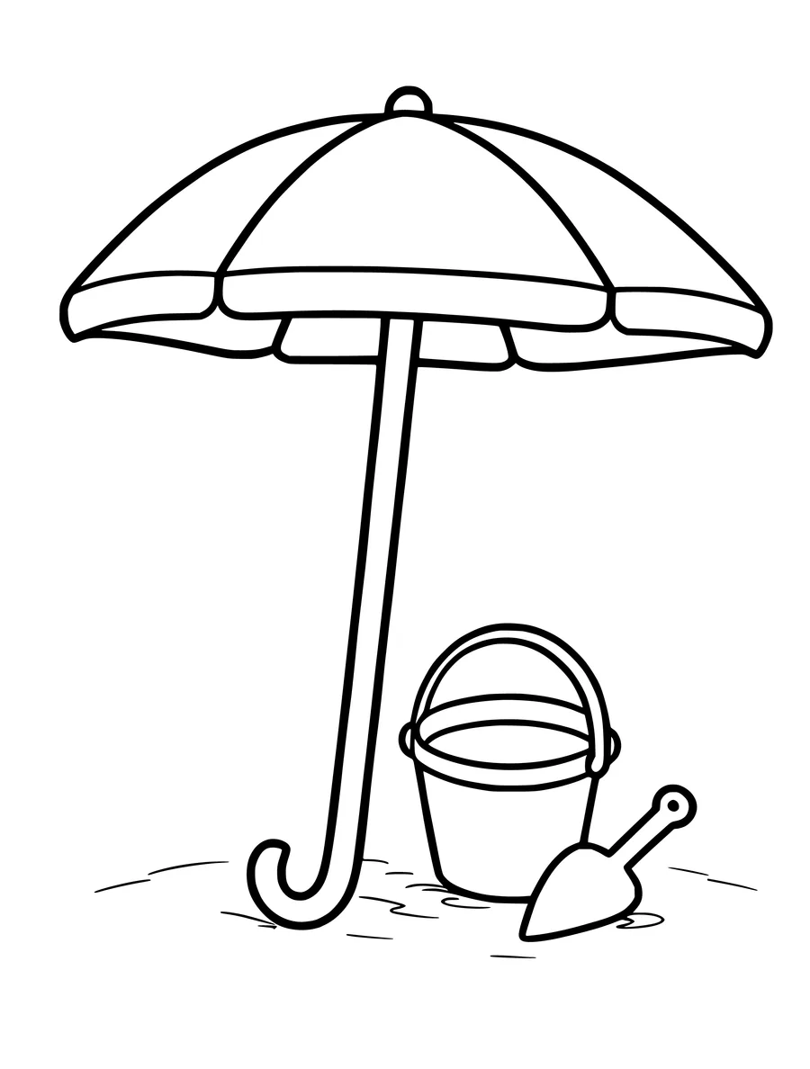 A beach umbrella stands on the sand next to a small bucket and a hand shovel, colouring page