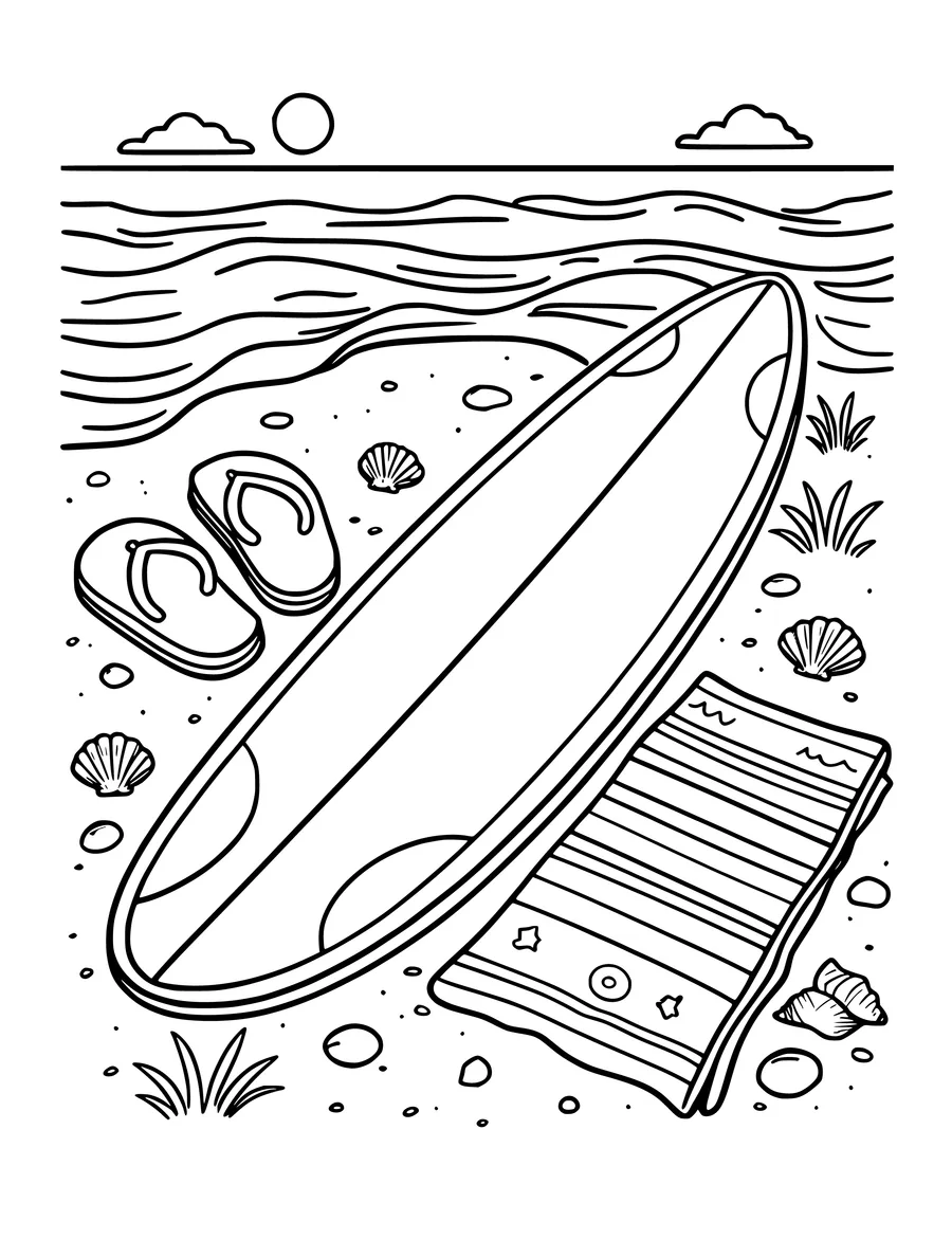 A surfboard lies on the beach near a pair of flip-flops, a striped towel, and shells, coloring page