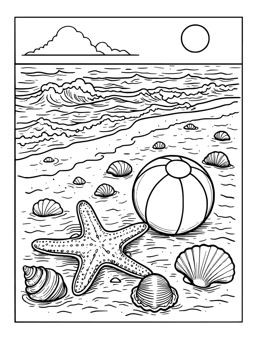 A beach scene features a large starfish, a beach ball, and various seashells on the sand, coloring page