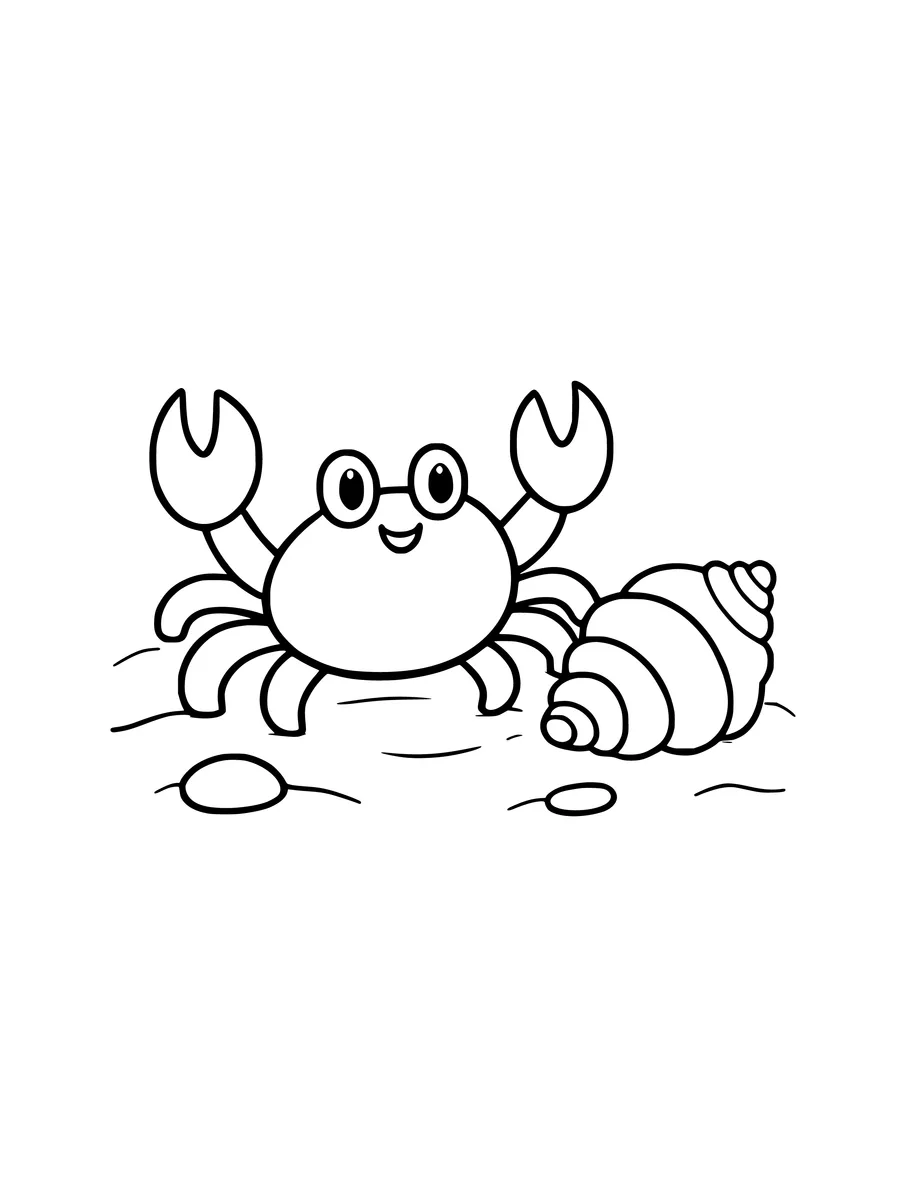 A smiling cartoon crab rests on the sand beside a spiral seashell, colouring page