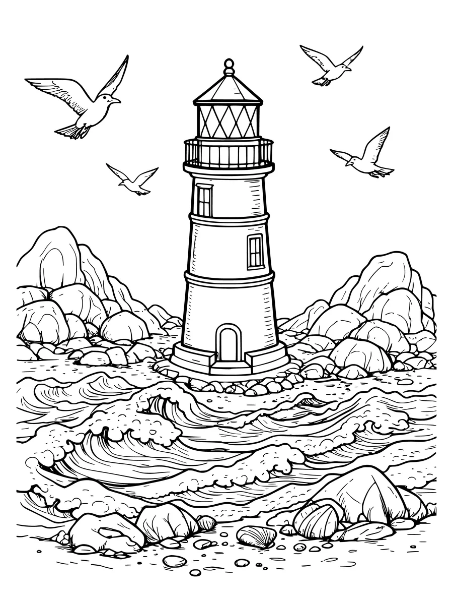 Black and white line art coloring page of lighthouse on a rocky beach with seagulls, medium detail