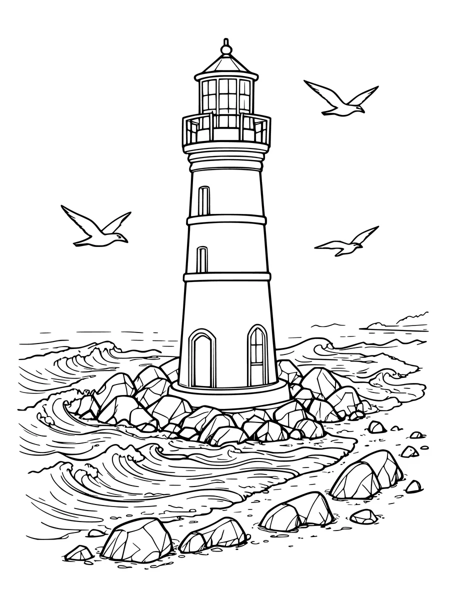Black and white line art colouring page of lighthouse on a rocky beach with seagulls, medium detail