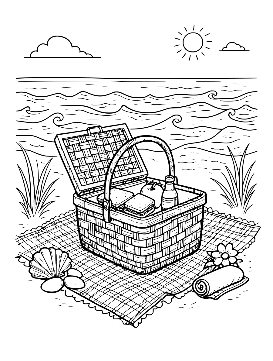 Black and white line art coloring page of picnic basket and blanket on the shore, medium detail