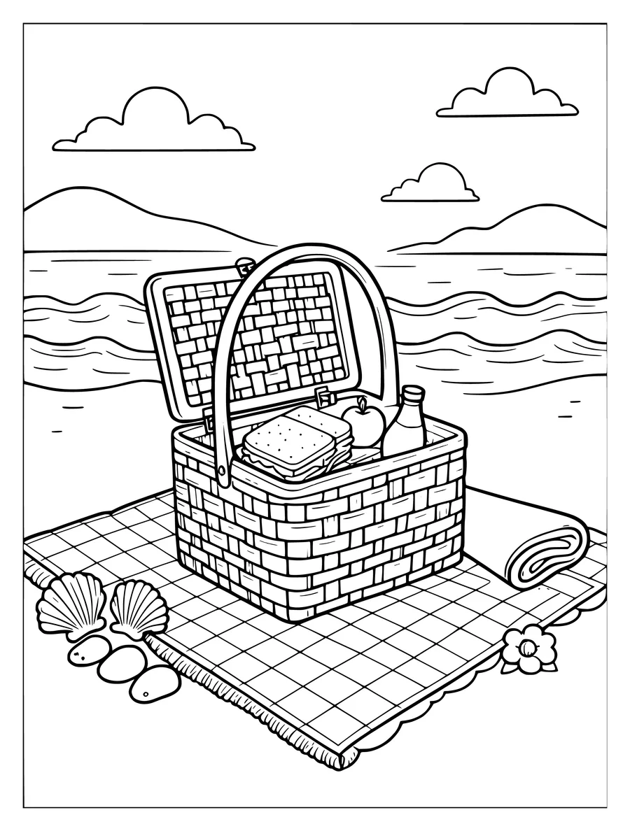 A picnic basket and blanket sit on the sand near the ocean in this detailed seaside line art, coloring page