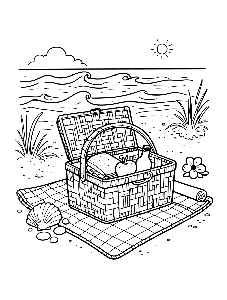 Black and white line art colouring page of picnic basket and blanket on the shore, medium detail