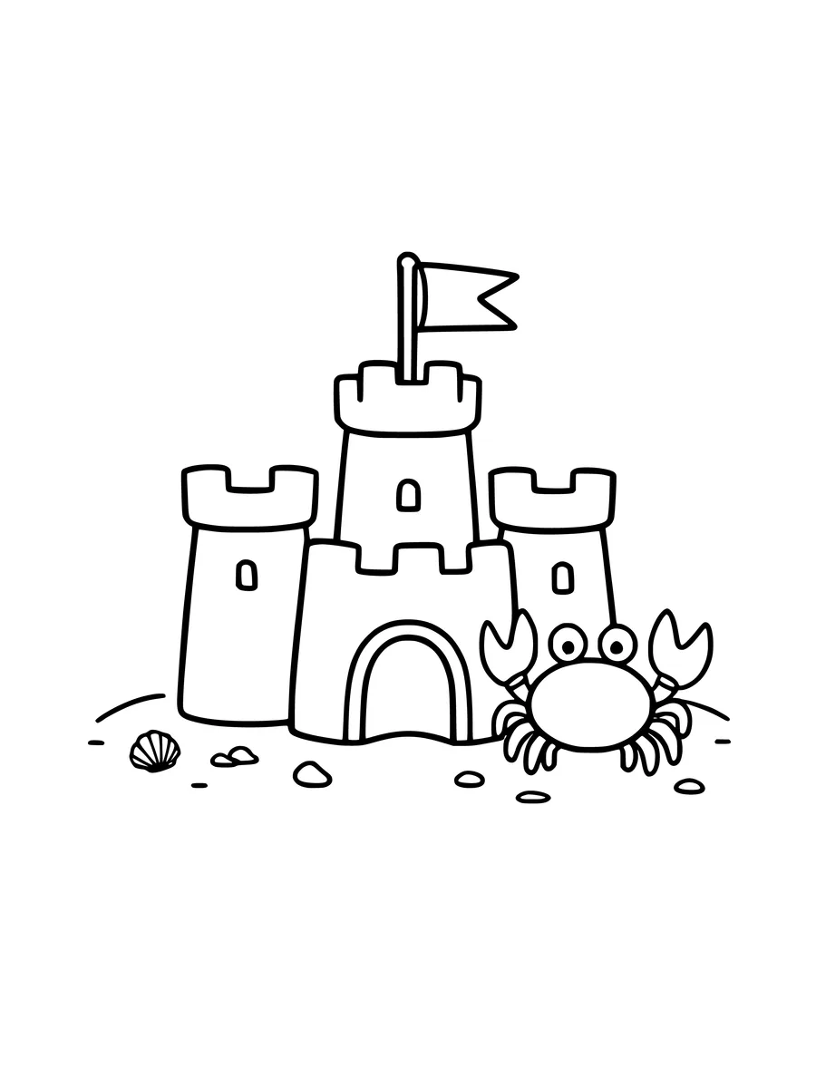 A sandcastle with a flag flies on top, accompanied by a small crab and a seashell, coloring page