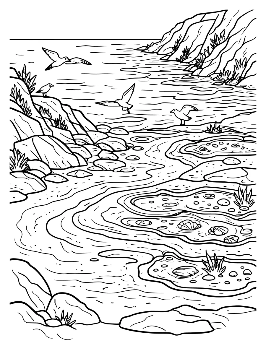 Black and white line art coloring page of sandy cove with rocks, tide pools and seagulls, detailed detail