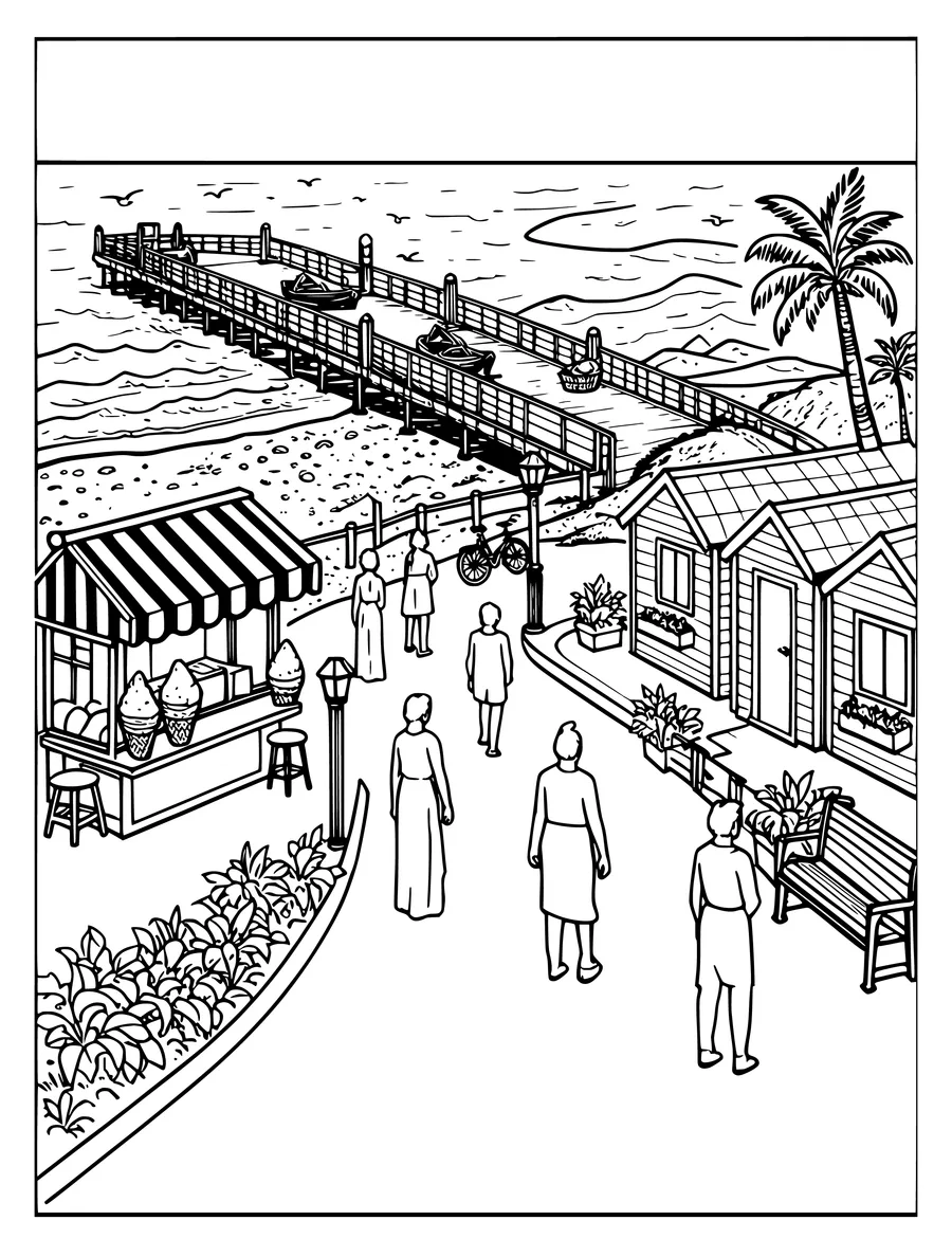 A seaside promenade features an ice cream stand, beach huts, and a long wooden pier, colouring page