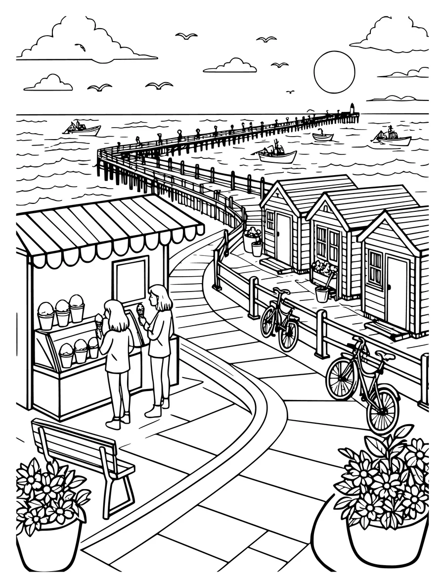 Black and white line art coloring page of seaside promenade with a pier, ice cream stand and beach huts, detailed detail