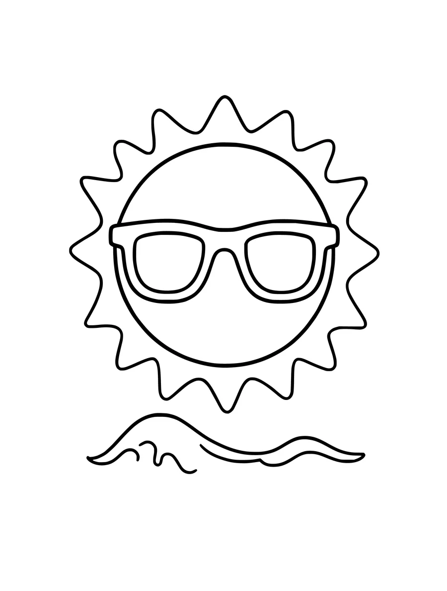 A smiling sun wearing sunglasses hovers over a small ocean wave in this simple colouring page.