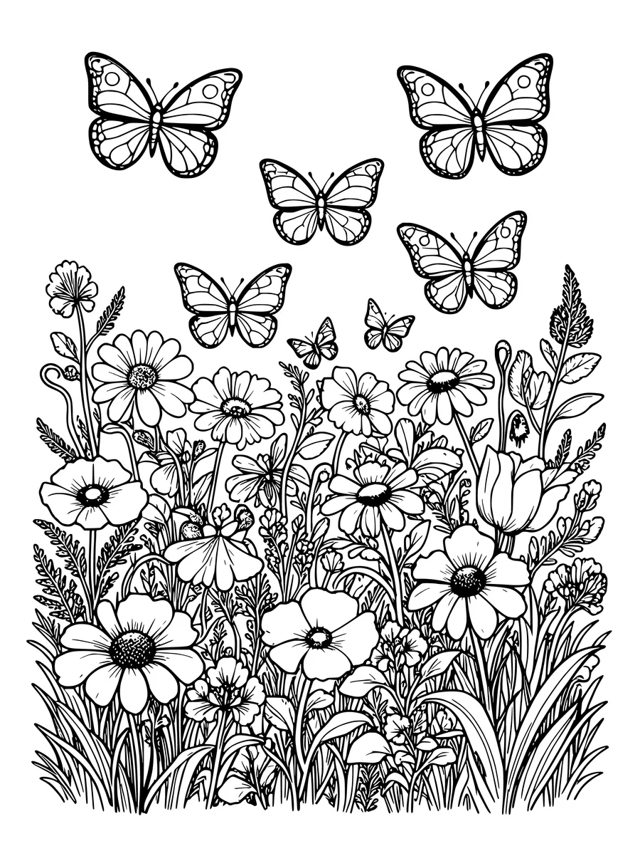 A detailed colouring page of several butterflies fluttering above a dense, blooming wildflower meadow.