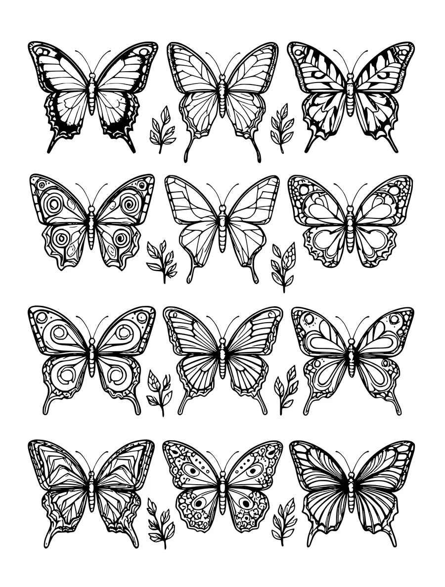 Black and white line art colouring page of butterfly collection pinned in rows with different species, intricate detail
