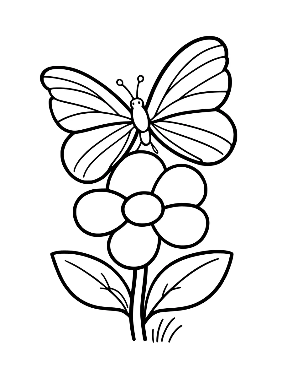 A butterfly with simple wing lines resting on a large, round flower bloom, coloring page