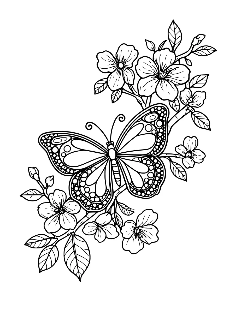 A medium-detail coloring page of a butterfly resting on a tree branch covered in blooming blossoms.