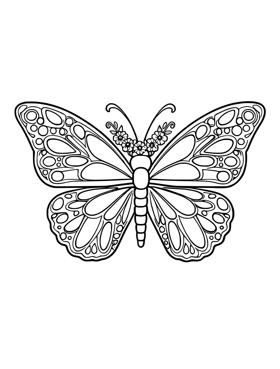 A medium-detail colouring page showing a butterfly wearing a delicate crown made of small flowers.