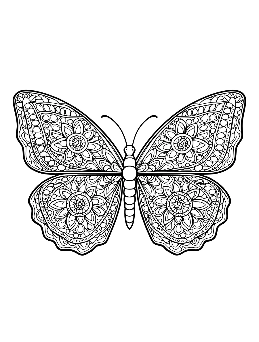 An intricate colouring page featuring a symmetrical butterfly with detailed mandala patterns on its wings.
