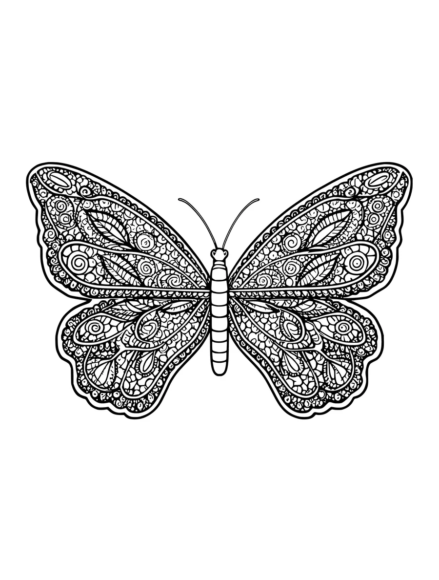 A butterfly with intricate, lace-like patterns covering its entire wing surface, coloring page