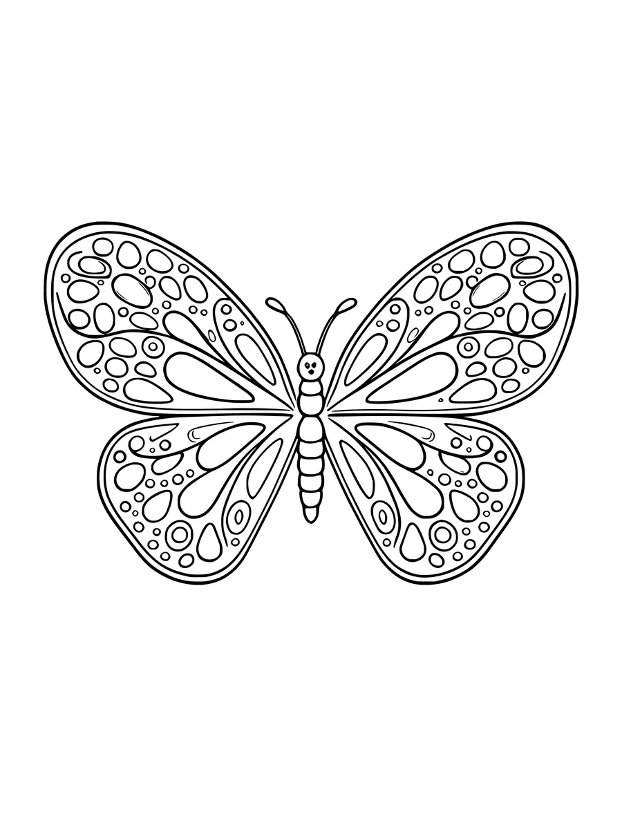 Black and white line art coloring page of butterfly with round heart-shaped wings, medium detail