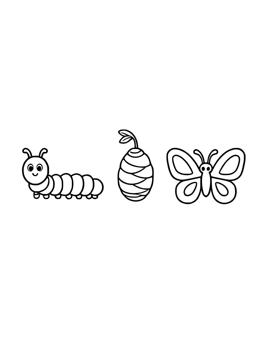 A line art sequence showing a smiling caterpillar, a chrysalis, and a butterfly, coloring page