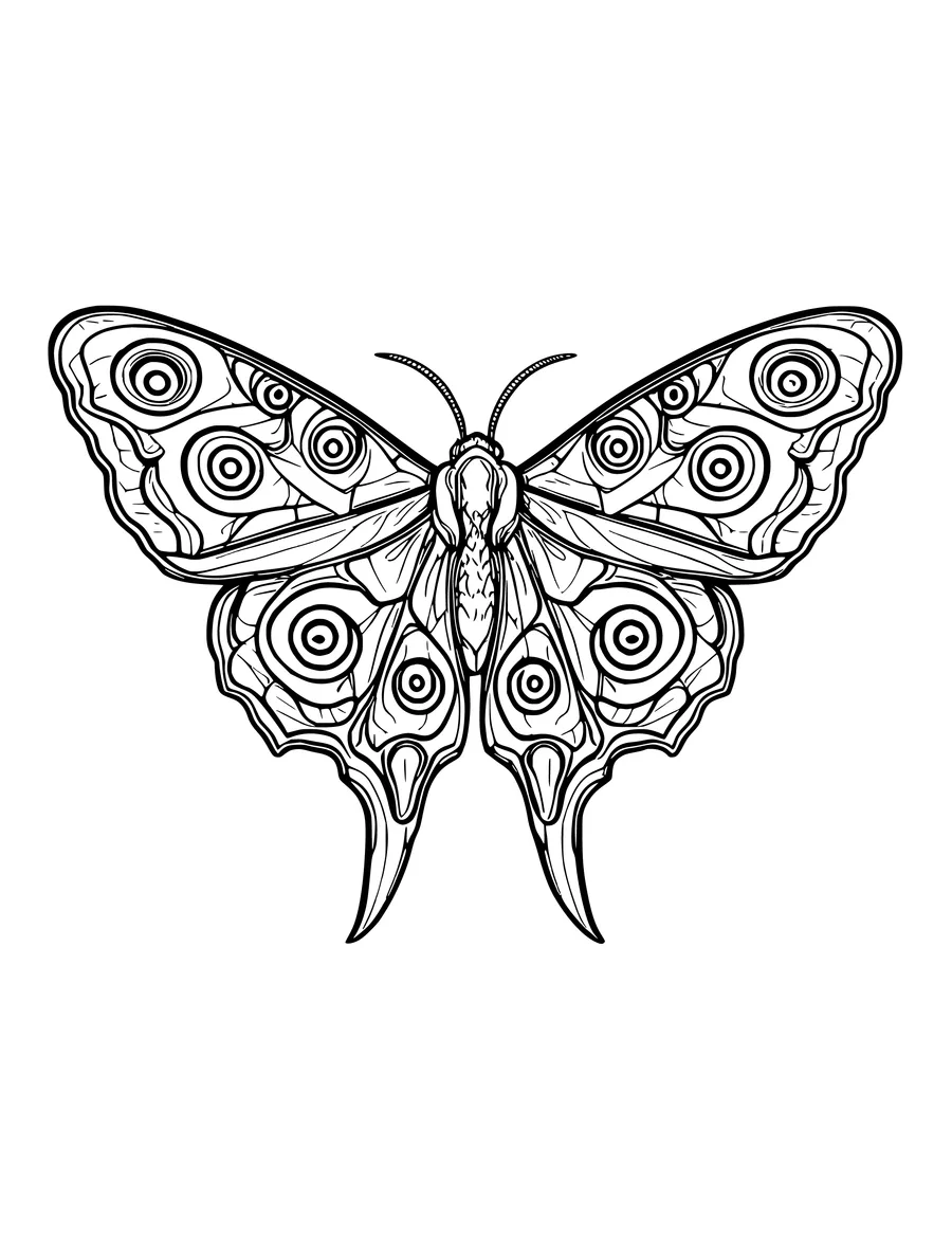 A detailed colouring page of a luna moth with long, elegant tails and intricate eye-shaped wing patterns.