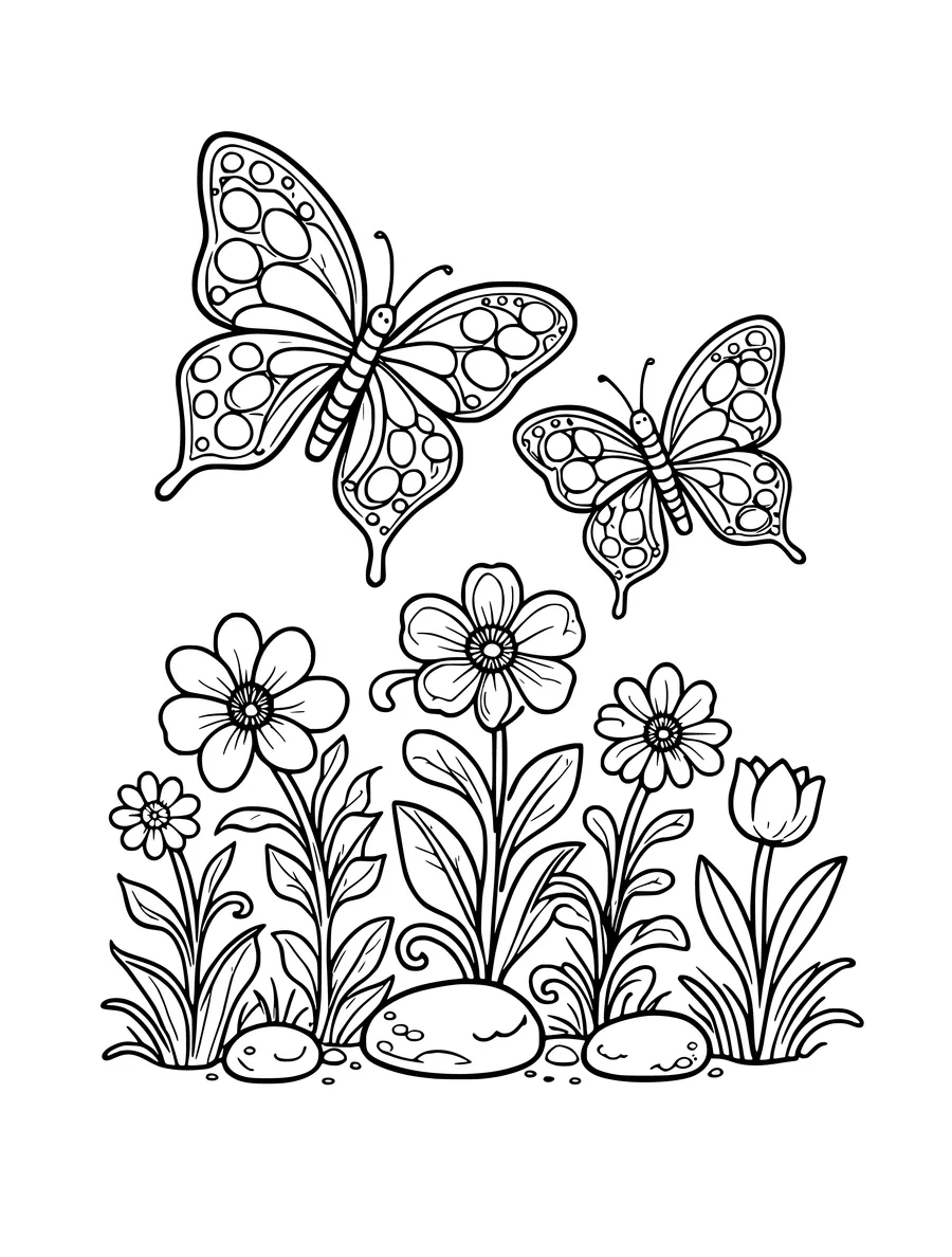 Two butterflies fly above a garden filled with various simple flowers and stones, colouring page