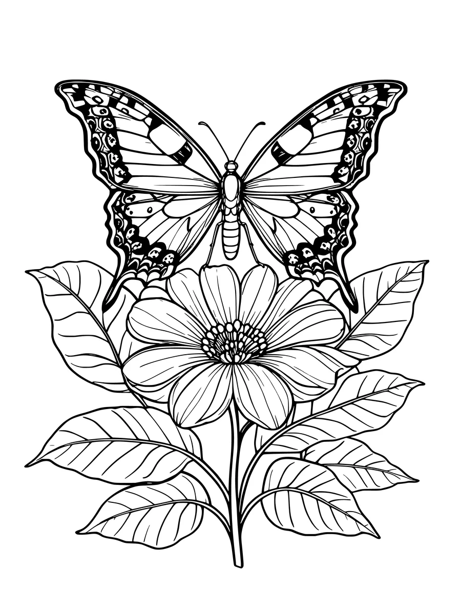 A detailed swallowtail butterfly rests on a flower surrounded by large leaves, colouring page