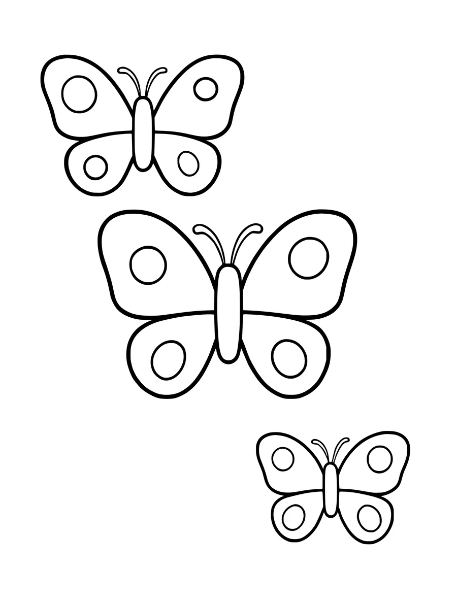 An easy coloring page for children featuring three simple, friendly butterflies of varying sizes.