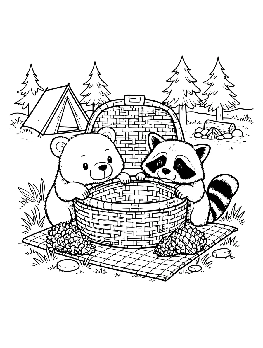 A bear and a raccoon peeking into a picnic basket at a wooded campsite, colouring page