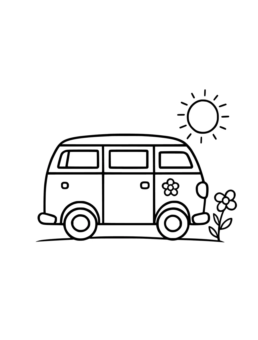 A camper van parked under a smiling sun with a small flower blooming nearby, coloring page