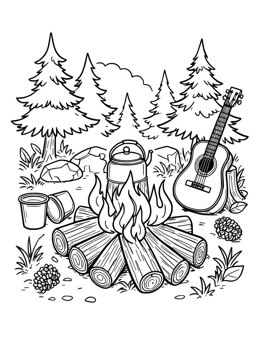 Black and white line art coloring page of campfire with a kettle, cups and a guitar, detailed detail