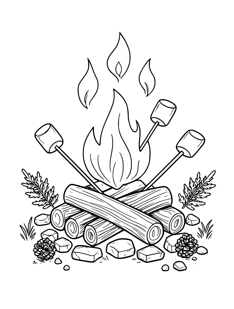 A campfire with logs and pinecones, with marshmallows roasting on sticks, colouring page