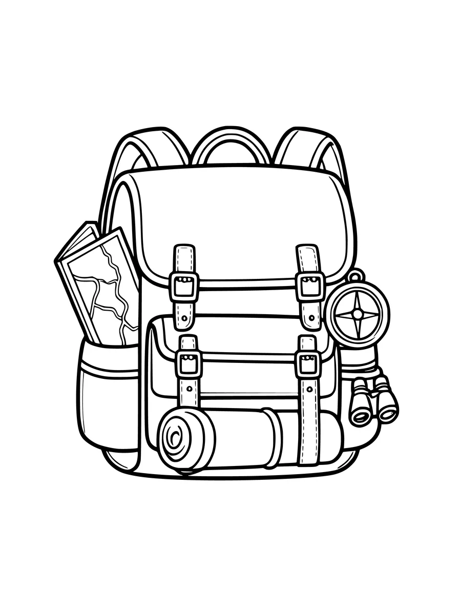 A camping backpack with a map, compass, and binoculars attached to the exterior, coloring page