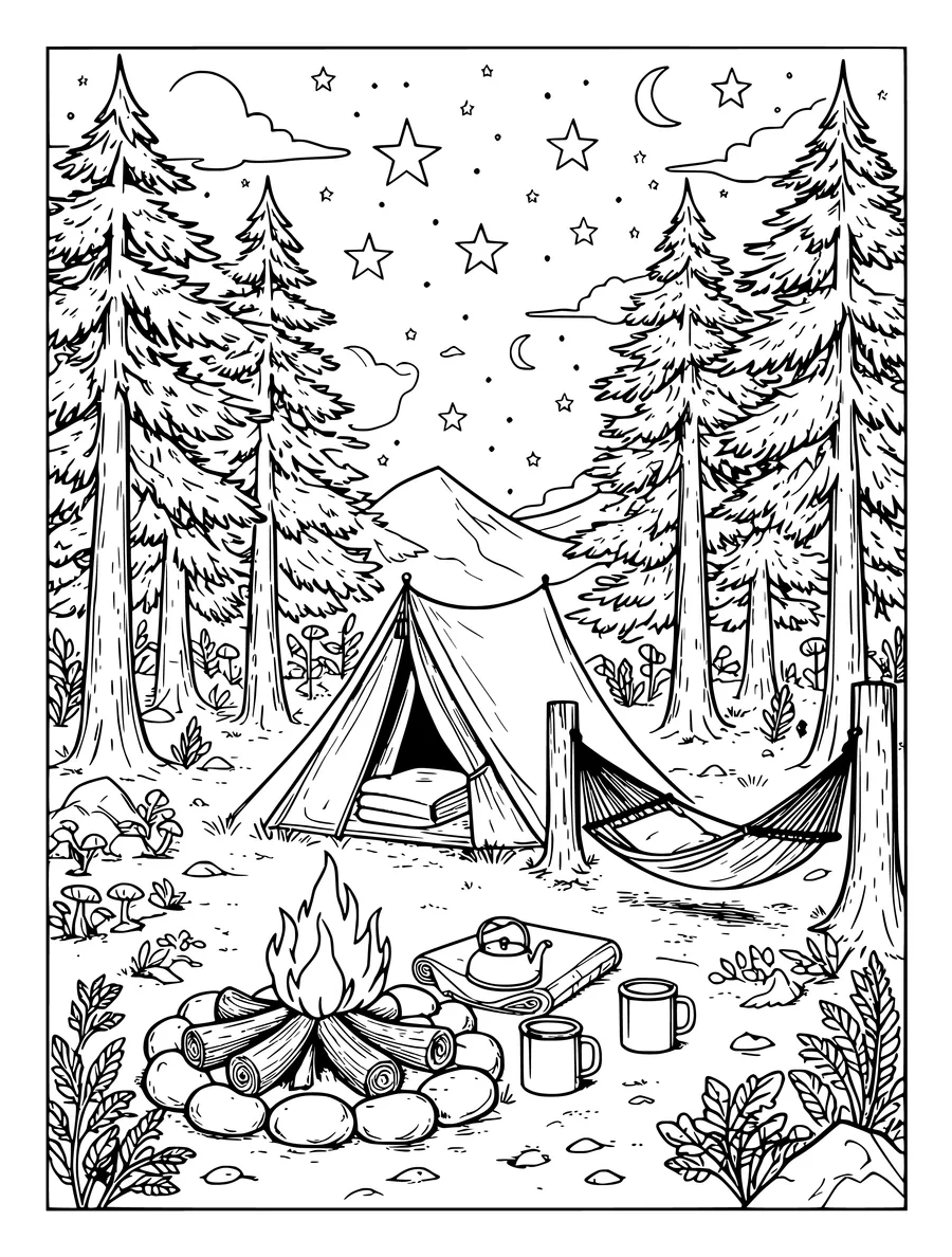 An intricate camping scene with a tent, hammock, campfire, and a starry night sky, colouring page