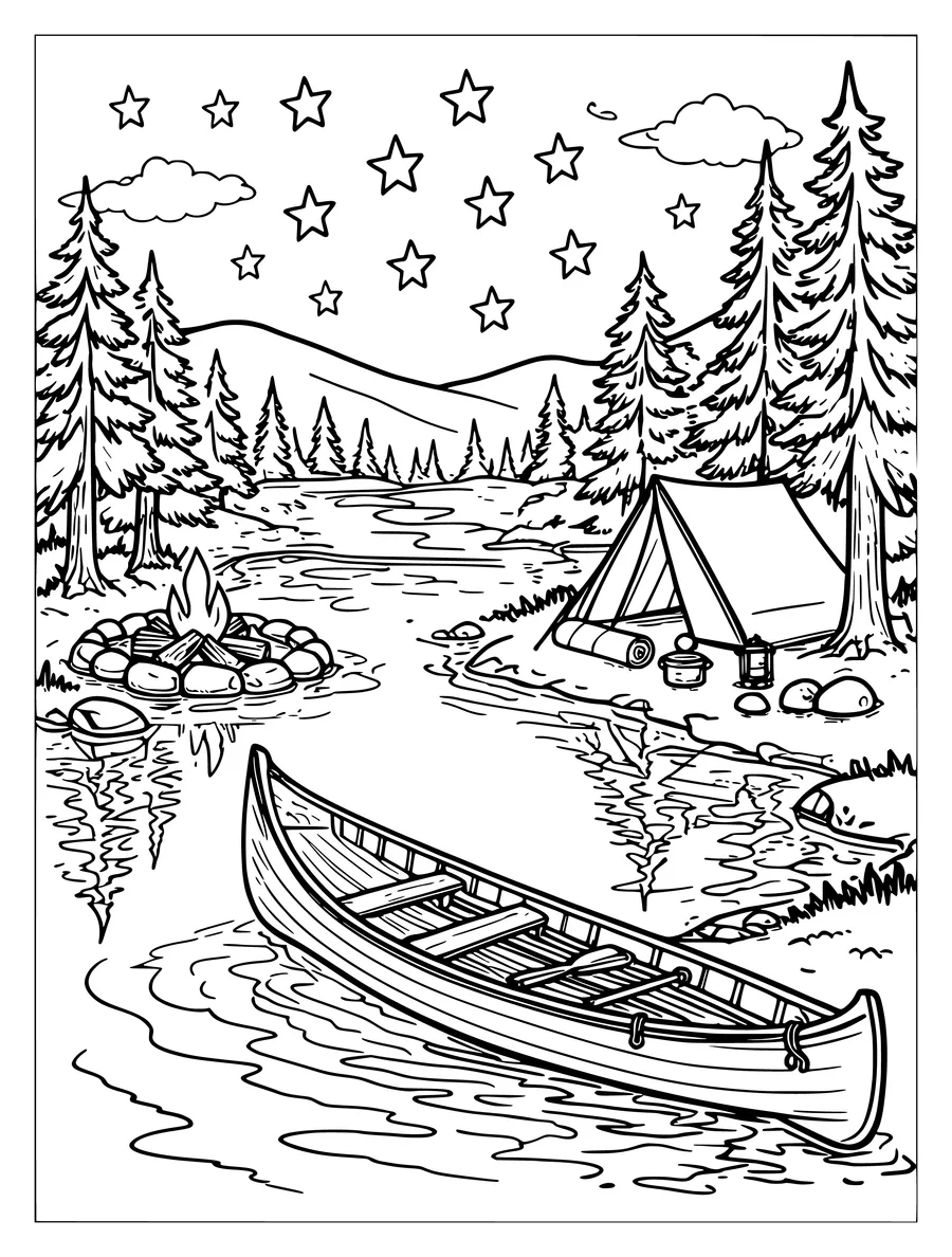 A campsite with a tent and canoe beside a lake under a starry night sky, coloring page