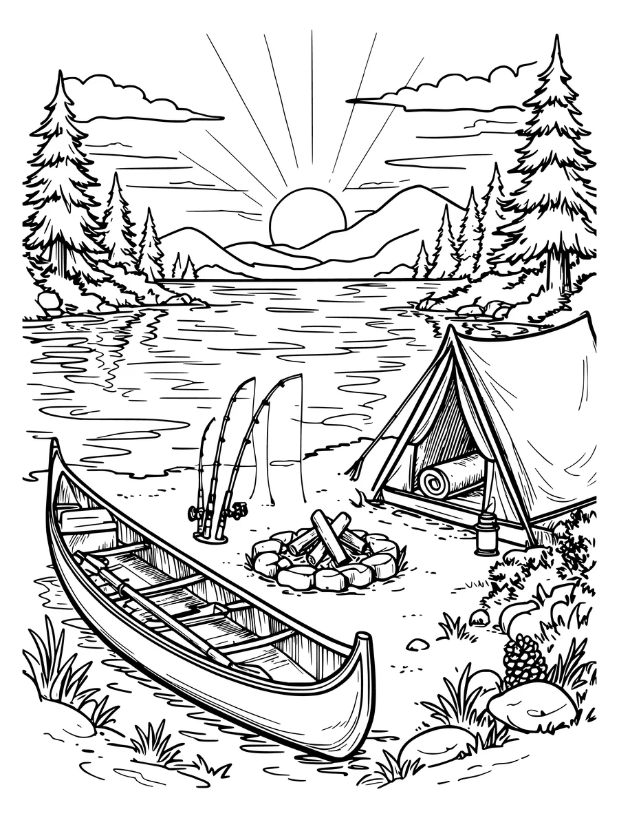 Black and white line art colouring page of campsite with a canoe, fishing rods and a lake at sunset, detailed detail