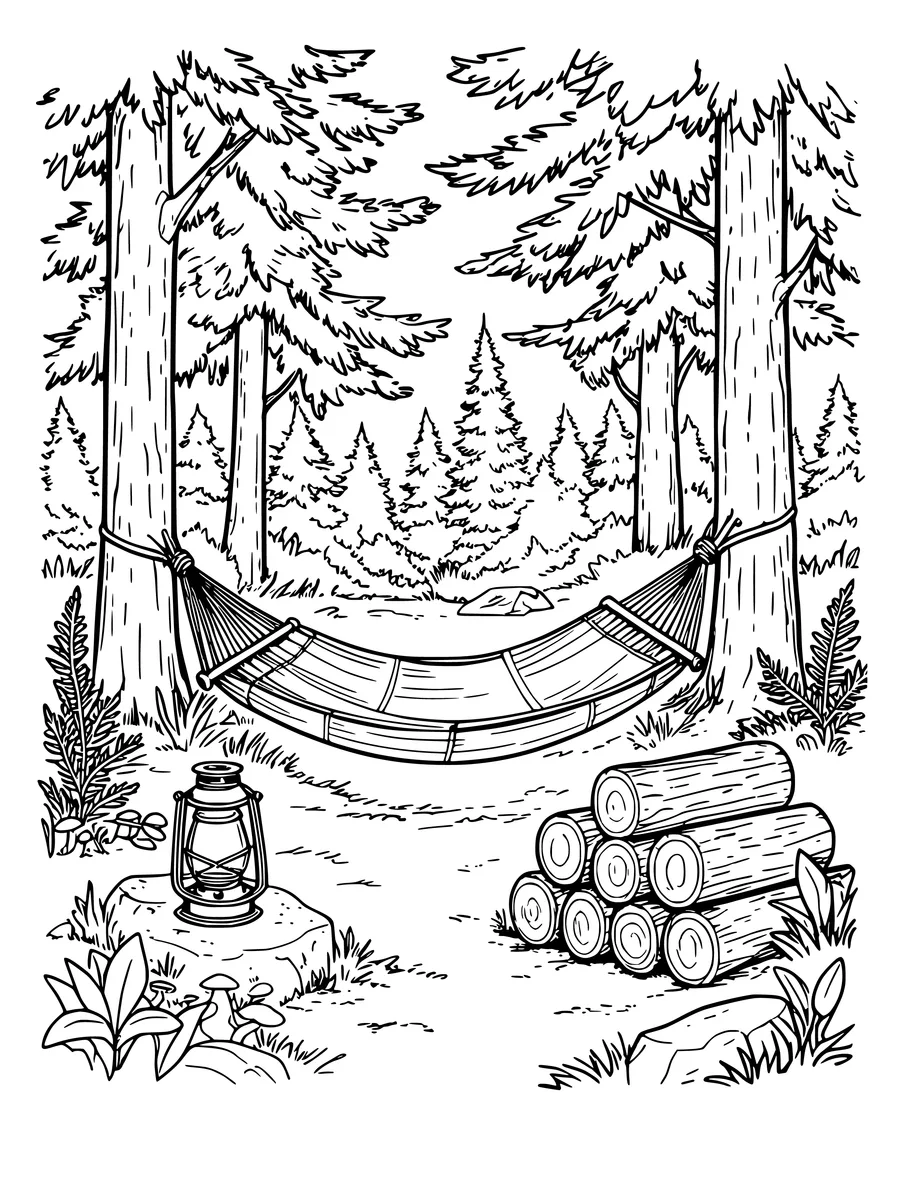 Black and white line art coloring page of forest campsite with a hammock, lantern and woodpile, detailed detail