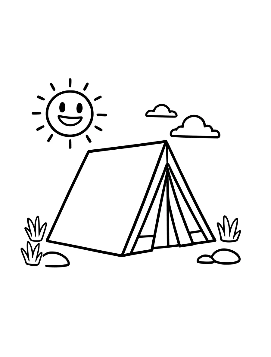 A simple tent in a field with a large smiling sun and clouds above, colouring page