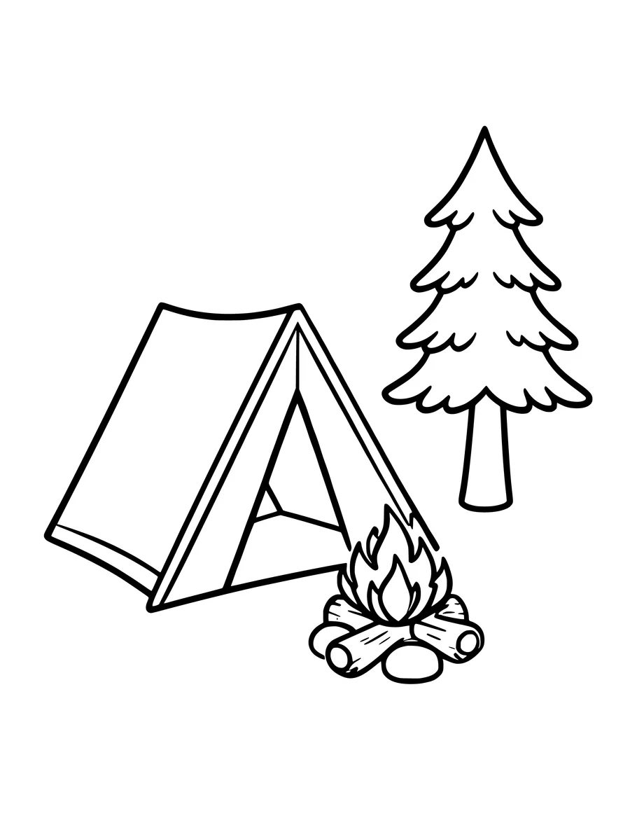 A simple colouring page featuring a tent, a crackling campfire, and a tall pine tree.