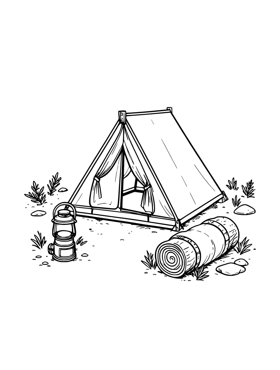 A tent with an open flap, a lantern, and a rolled sleeping bag at a campsite.