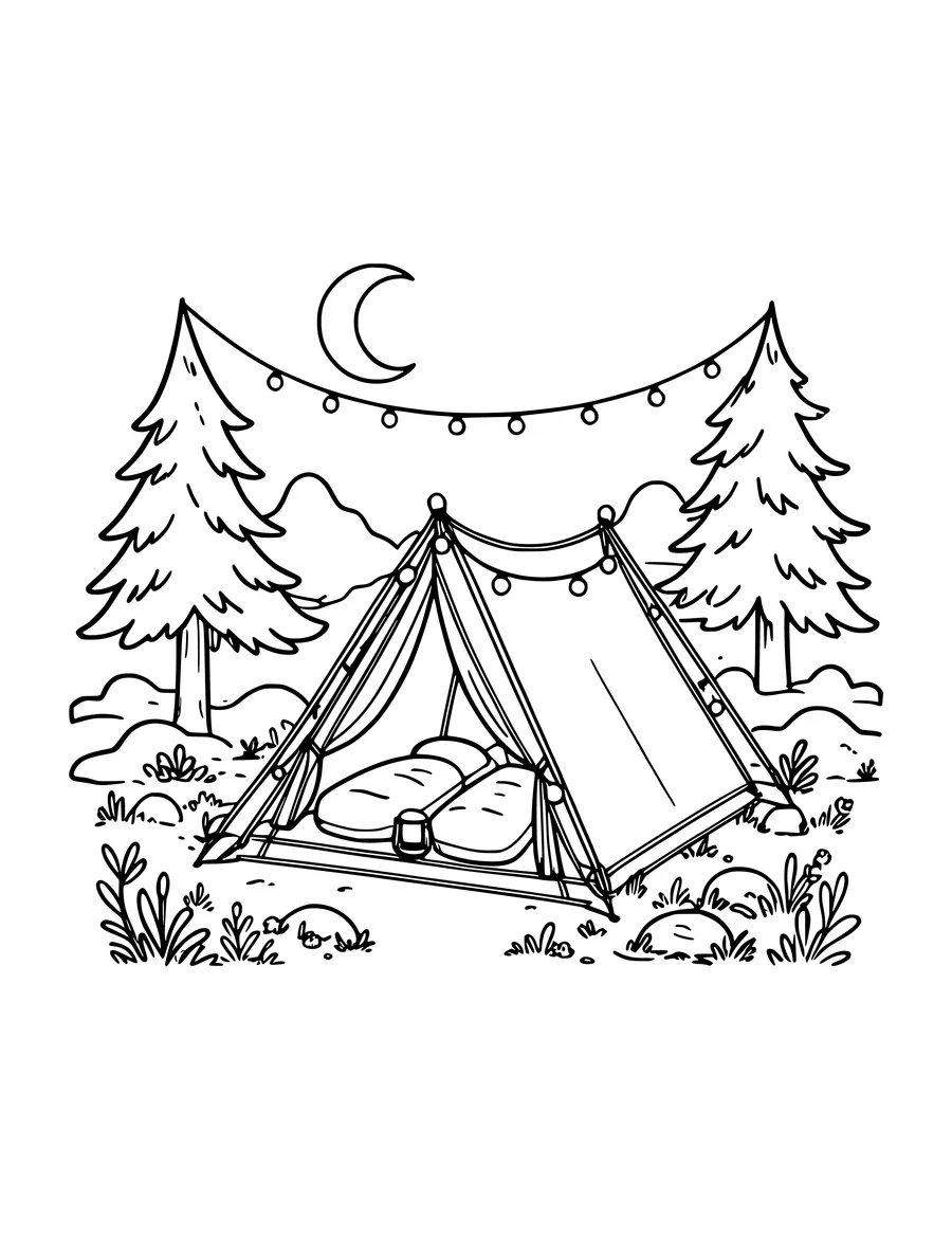 An open tent with sleeping bags sits under a crescent moon and fairy lights, coloring page