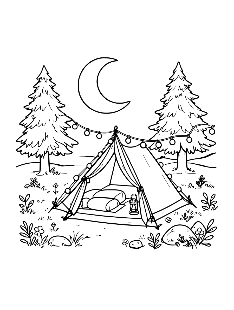 Black and white line art coloring page of tent with fairy lights under the moon, medium detail