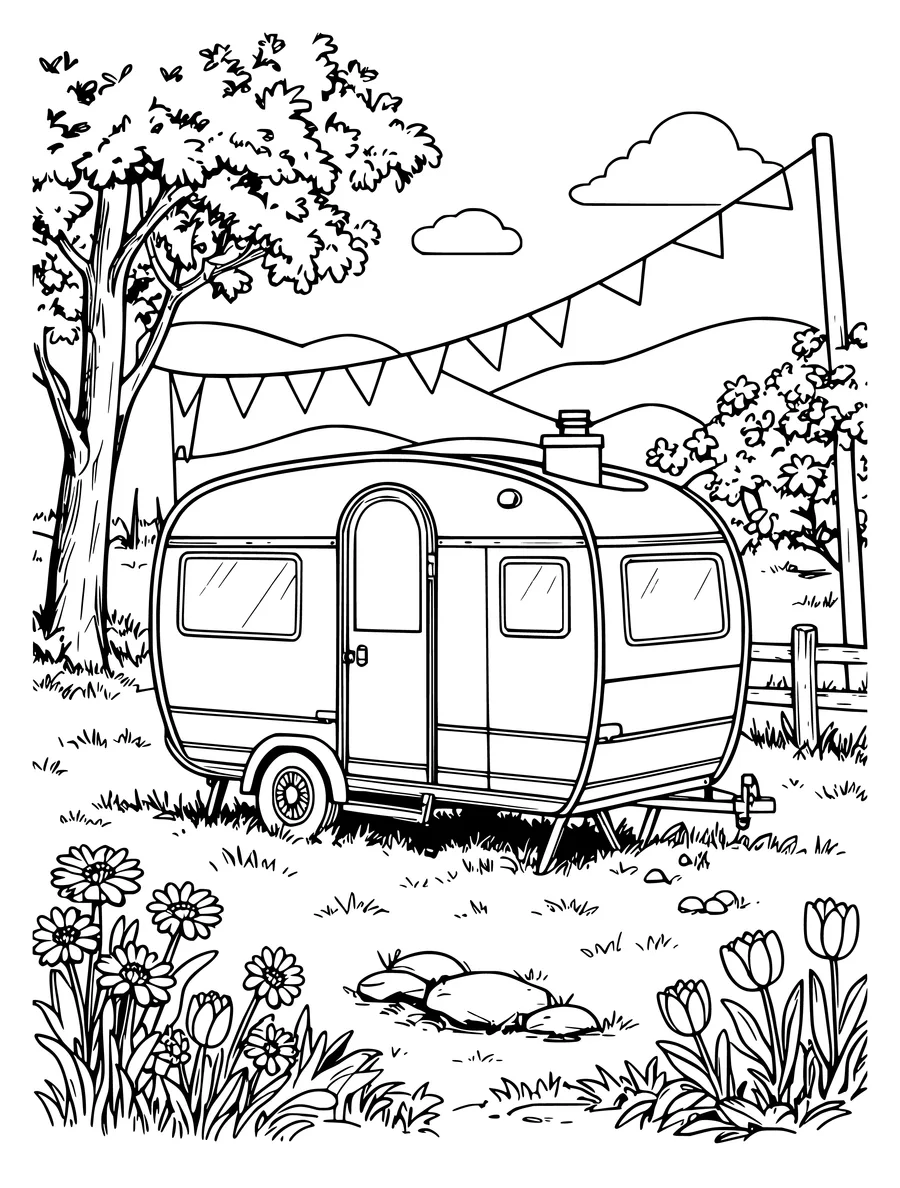A vintage caravan sits in a meadow under hanging bunting near a large tree, coloring page