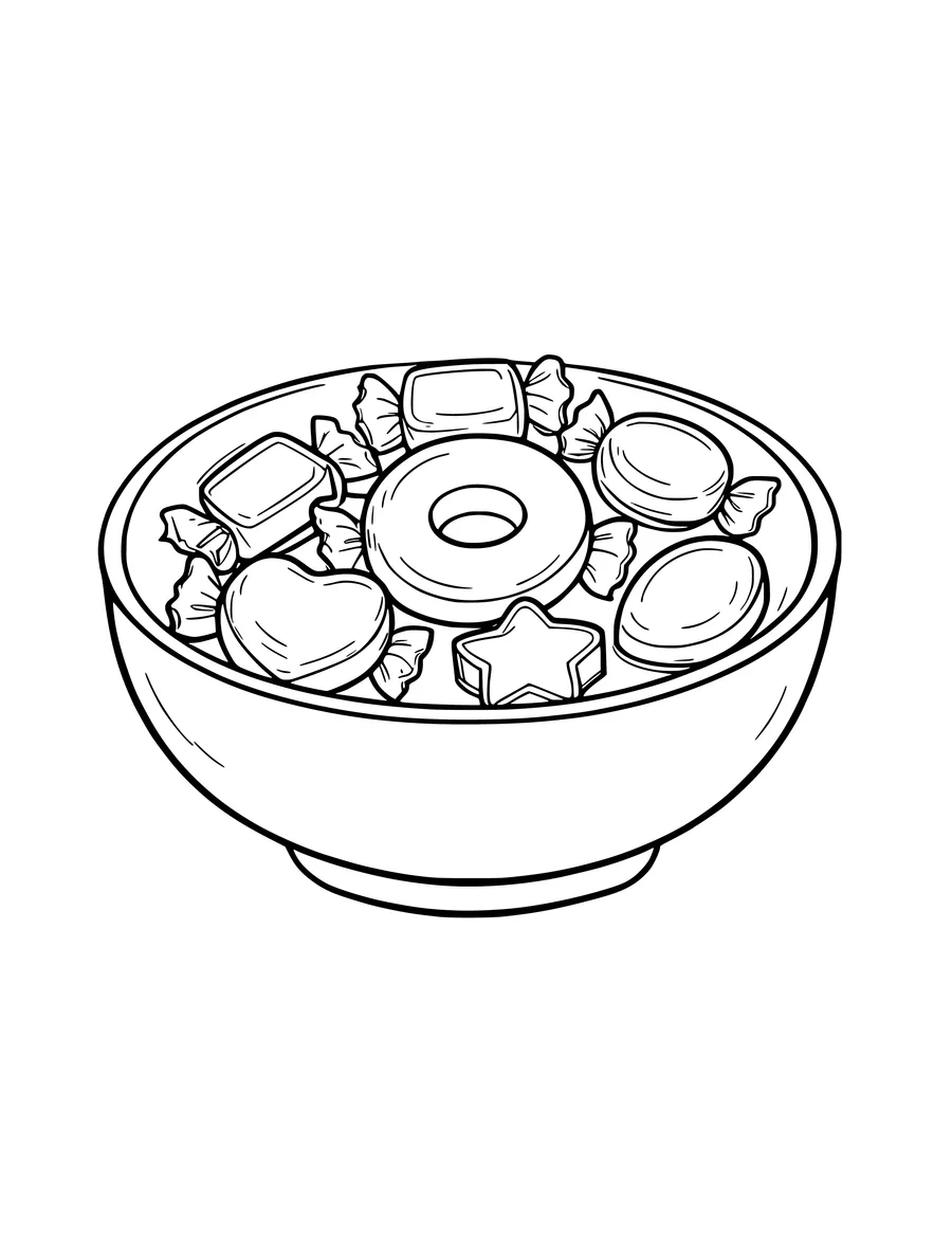 A bowl filled with an assortment of wrapped sweets, star-shaped candies, and round gummies, colouring page