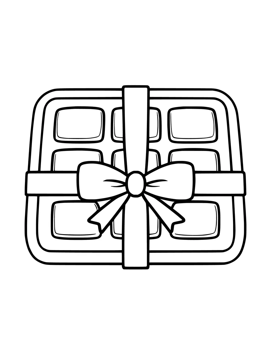 A simple colouring page of a square box of chocolates tied with a large, decorative ribbon bow.