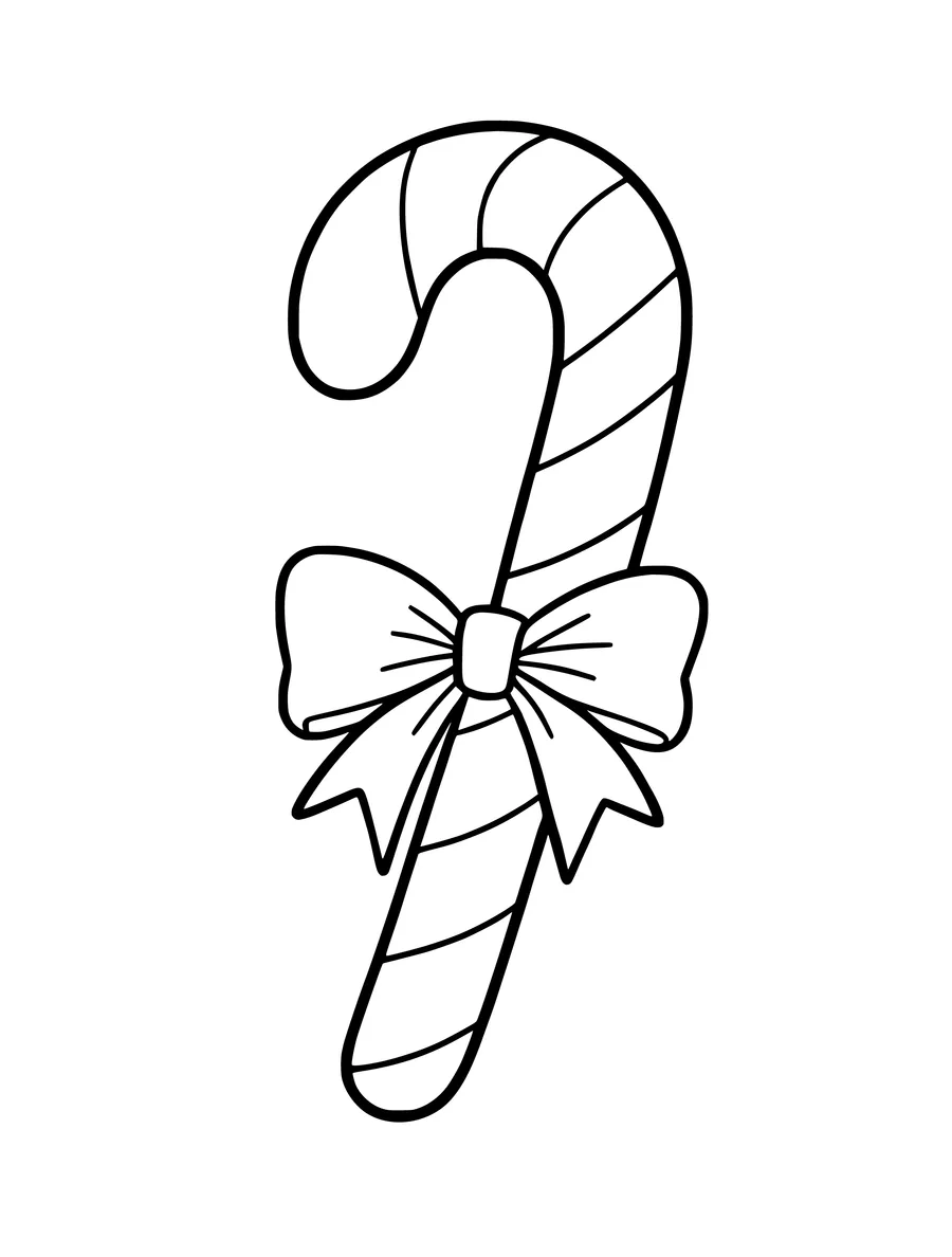 A coloring page showing a single candy cane decorated with a large, tied ribbon in the center.