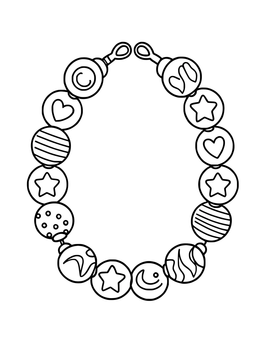 Black and white line art coloring page of candy necklace of round beads, simple detail