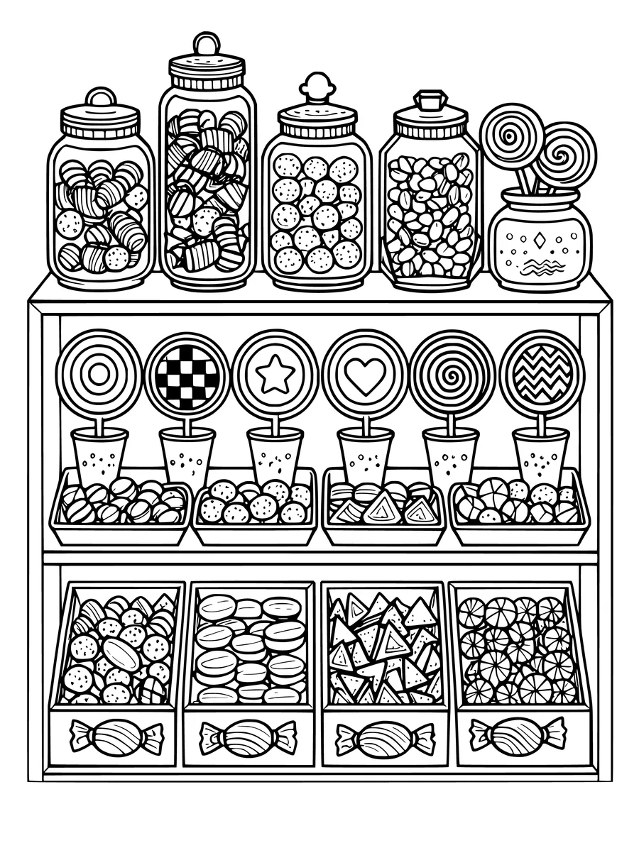 Detailed line art of a candy shop shelf stocked with jars of sweets, gumdrops, and round lollipops, colouring page