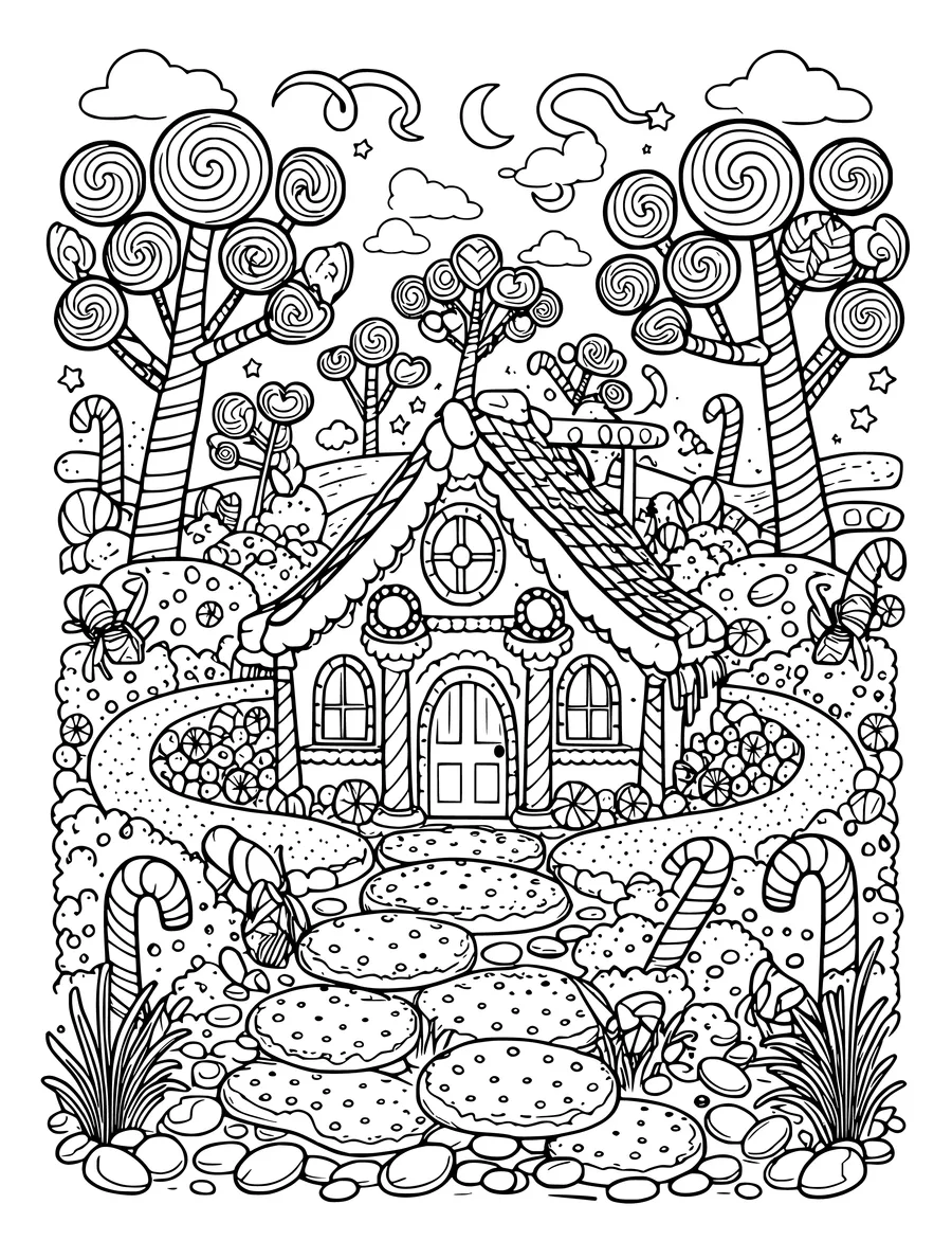 A gingerbread house surrounded by lollipop trees and a candy-themed path in this detailed colouring page.