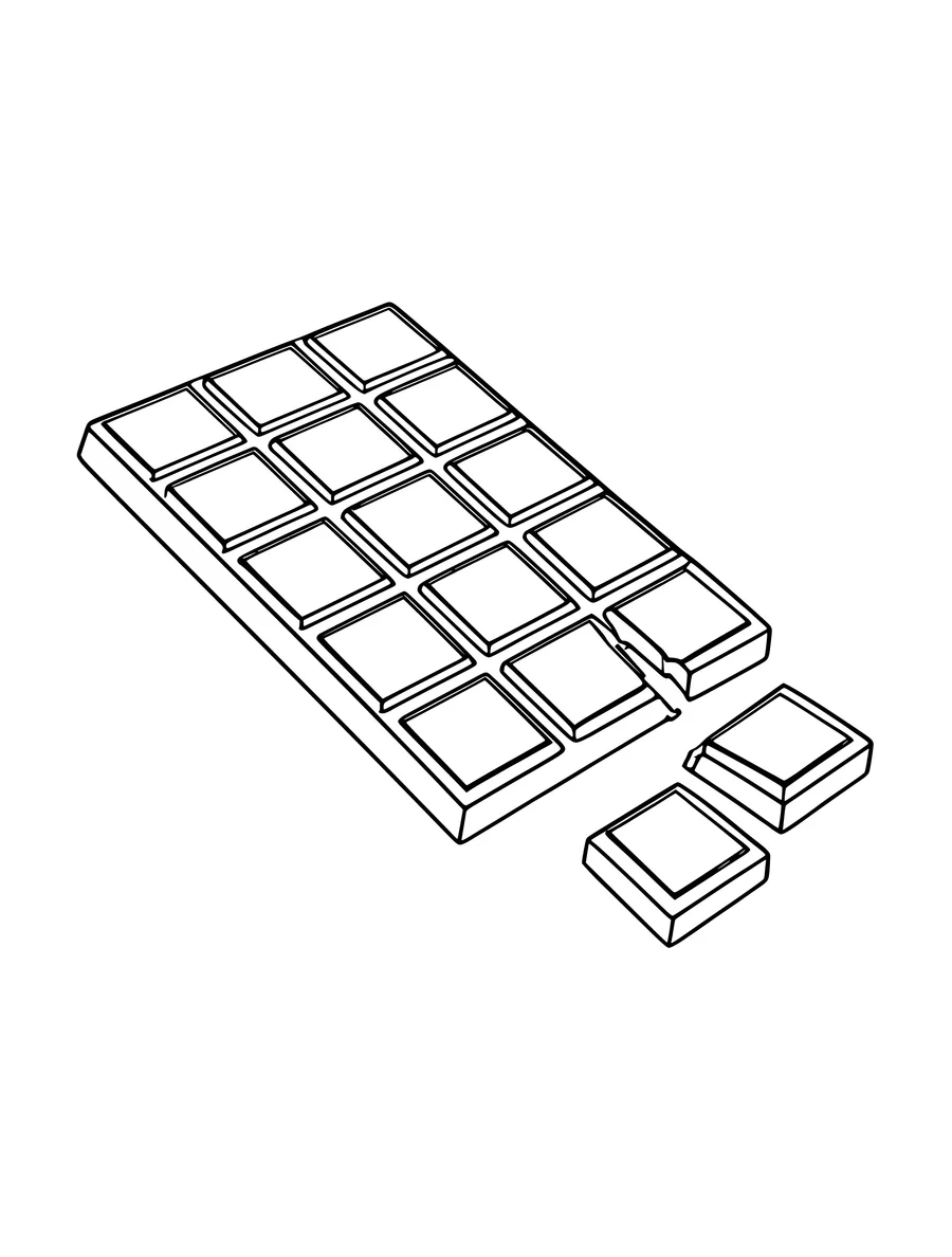 A rectangular chocolate bar with a few individual squares broken off beside it in this line art, colouring page